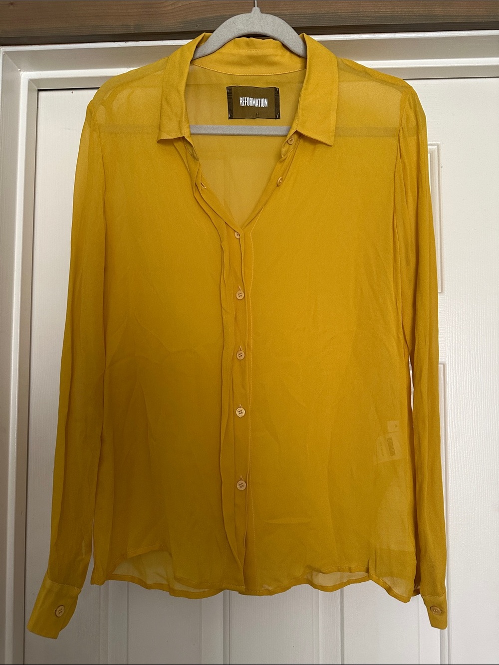 Reformation Sheer Button-Up Shirt in Mustard